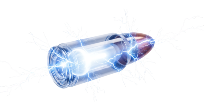 Bullet, with glowing blue energy and lightning bolts emanating from it, isolated on a transparent background, cutout, PNG