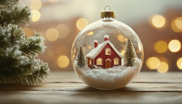 Glass holiday ornament contains a miniature snowy winter scene with a glowing house beside a frosted evergreen branch.