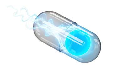 Transparent capsule, with glowing blue core and electric energy streams, isolated on a transparent background, cutout, PNG