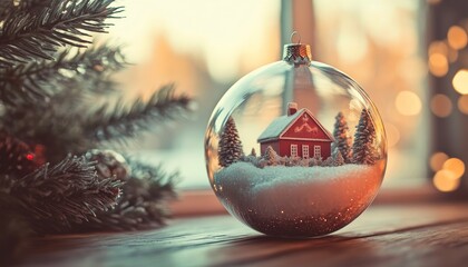 Clear glass decorative sphere contains miniature winter scene with dwelling and evergreen trees