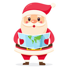 Santa Claus Looking at World Map Minimalist Vector Illustration