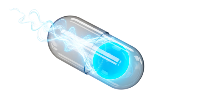 Transparent capsule, with glowing blue core and electric energy streams, isolated on a transparent background, cutout, PNG