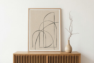 Minimalist Abstract Line Artwork on Wooden Console create with ai
