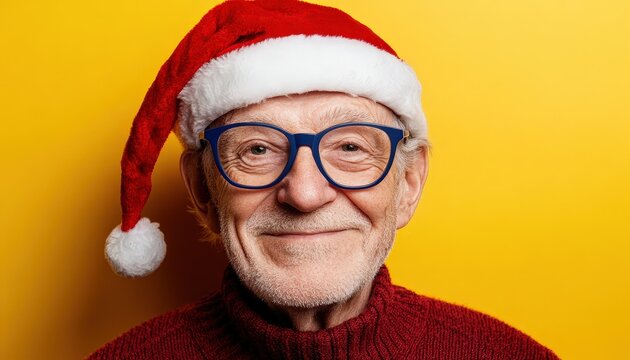 Elderly gentleman wearing festive headwear and blue eyeglass frames smiles against a bright background