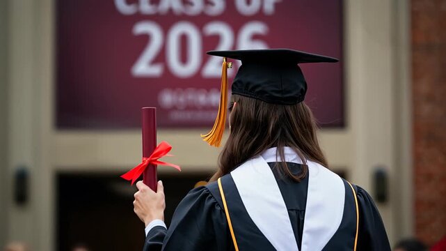 A graduate wearing a cap and gown holds a diploma tied with a red ribbon, standing with their back to the camera, looking at a blurred Class of 2026 sign on a building.