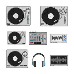Obraz premium DJ Equipment Set Turntables Mixer Headphones and Audio Waveforms.