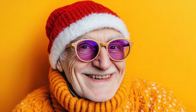 Elderly man wearing festive headwear and brightly tinted spectacles smiles against a vibrant background