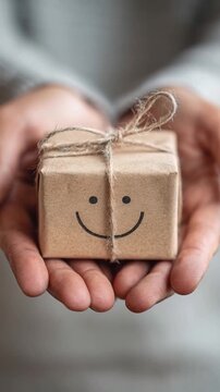 Man holding a small gift box with a happy face, symbolizing giving and happiness