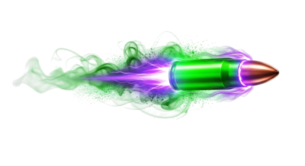 Green bullet, with purple energy trail and light green smoke effect, isolated on a transparent background, cutout, PNG