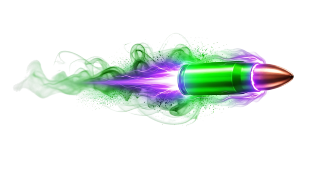 Green bullet, with purple energy trail and light green smoke effect, isolated on a transparent background, cutout, PNG - Powered by Adobe