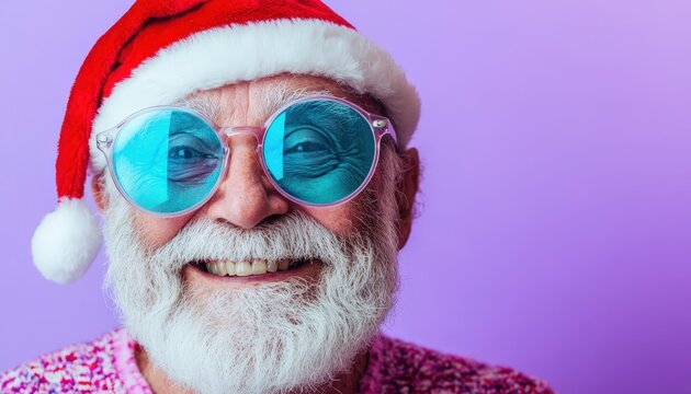Elderly gentleman in festive attire smiles brightly wearing vibrant blue tinted eyeglasses