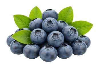 Ripe blueberries with fresh green leaves isolated on transparent background