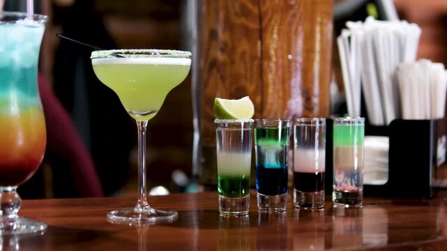 Colorful cocktails bar Slow Motion Shot of Pouring Long Drink Into Glass with Camera Motion at 1000fps. High quality 4k footage