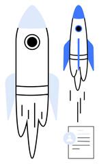 Two ascending rocketships represent progress and innovation alongside a document icon symbolizing a resume or profile. Ideal for career growth, startups, innovation, ambition, technology, leadership