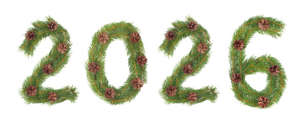 Christmas New Year 2026 Number Created with Evergreen pine Branches and Holiday Ornament Decoration on a white background