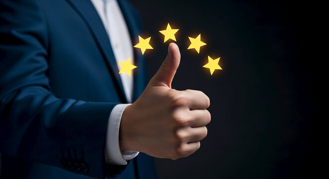A hand giving a thumbs up with five yellow stars floating above it against a dark background suit and shirt
