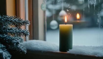 Illuminated pillar candle rests upon a snowy windowsill beside frosted evergreen foliage.