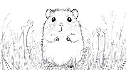 Curious hamster in tall grass, meadow background, pet illustration