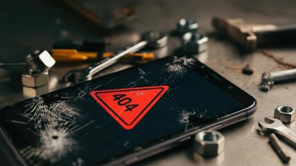 Smartphone with "404" error sign on screen and broken glass, surrounded by tools suggesting tech repair