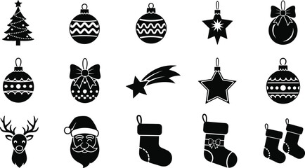 Black and White Christmas Holiday Icon Collection, Festive New Year's Decor Elements: Tree, Ornaments, Stars, Stockings, Santa Claus, Reindeer, and Comet Silhouette Vector Set © NAIMUR