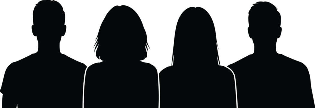 Silhouette of diverse group of four people, male and female, standing side by side, unity, anonymity, diversity, teamwork concept