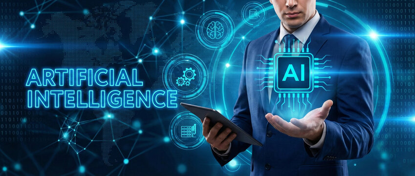 Artificial Intelligence and Future Technology: A businessman presents a glowing AI text with a high-tech processor chip icon.