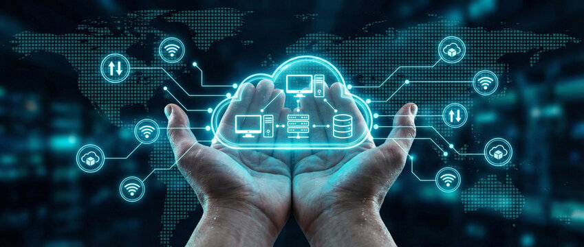 Cloud Computing and Global Data Storage: Hands hold a glowing cloud network interface over a world map background.