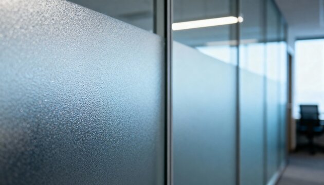 Closeup medium shot of frosted glass partition wall details focusing on texture and subtle light diffusion in stylish office setting.