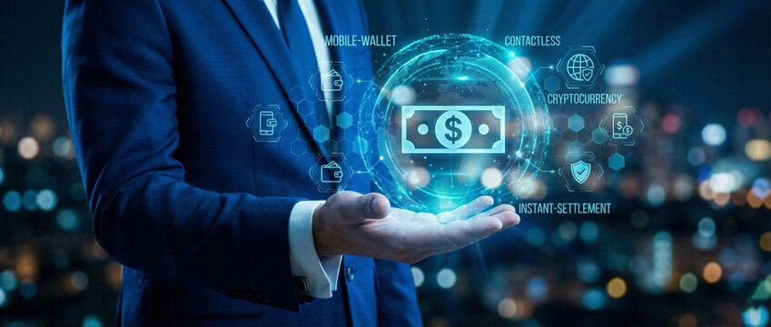 Fintech and Digital Currency Concept: A businessman holds a holographic interface with mobile wallet and crypto icons.
