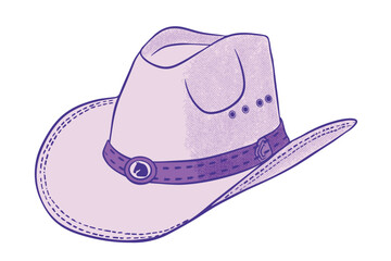 Women's purple cowboy hat with ribbon and medallion. Transparent background.