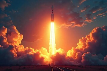 A powerful rocket roars into the sky, leaving a fiery trail against a dramatic sunset The vibrant colors and dynamic action capture the thrill of rocketry , exhaust, amateur, sunset