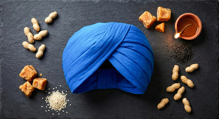 Blue turban surrounded by traditional Indian sweets and nuts  