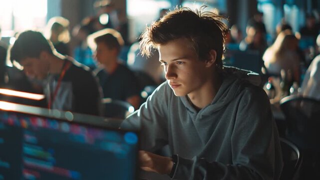 Focused Young Programmer at Hackathon - Powered by Adobe
