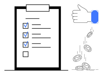 Checklist with checkmarks denoting task completion alongside a thumbs-up hand releasing coins. Ideal for productivity, success, financial gain, task management, incentives, rewards, goal-setting