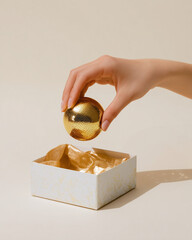 Hand opening a gift box with a golden Christmas ornament inside,
