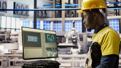 Smart factory employee typing on PC keyboard, testing automated systems, doing maintenance. Industry 4.0 plant staff member using computer to inspect equipment and repair bugs, camera A