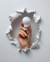 Woman&rsquo;s hand coming from torn white paper holding an eco light bulb