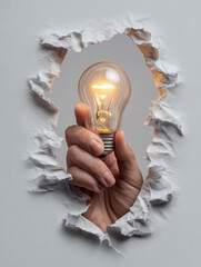Hand holding an incandescent light bulb, emerging through a hole in a ripped white paper background