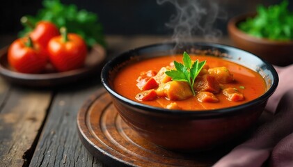 A vibrant bowl of hearty paprika stew, rich in color and texture, simmering gently on a rustic wooden table Steam rises, highlighting its delicious aroma and inviting warmth , winter, red, food