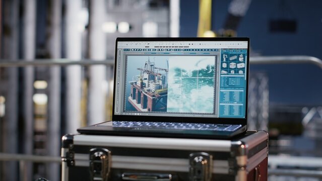 Laptop screen shows visualization and monitoring software on empty offshore platform, enabling mechanical system calibration and predictive maintenance for industrial operations.