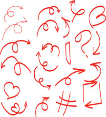 Hand drawn red arrow set with various shapes and directions on white.