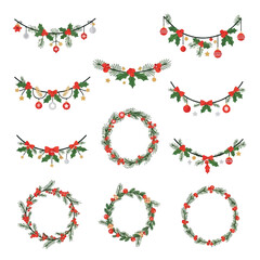 Festive Christmas Garlands and Wreaths Holiday Decoration Set.