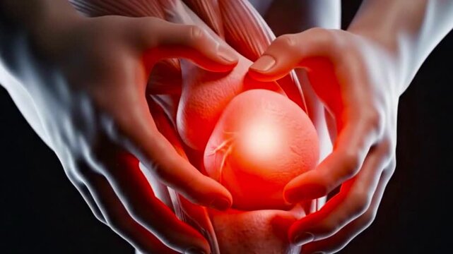 A person holding their knee with both hands, the knee is glowing red indicating pain or inflammation