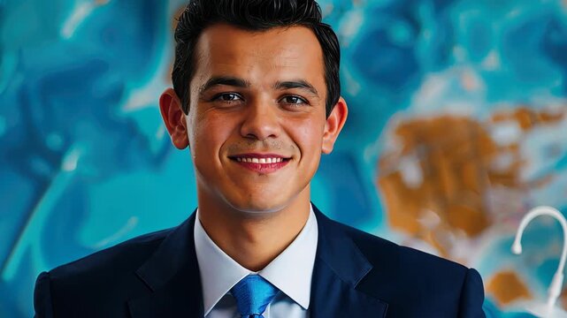 Confident Portrait: A handsome individual exudes confidence, their captivating smile reflecting success, framed against a subtly textured backdrop.