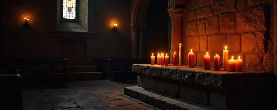 Candles illuminate a dark church altar, soft light casting shadows on ancient stone The scene evokes peace, faith, and spiritual reflection , flame, spirituality