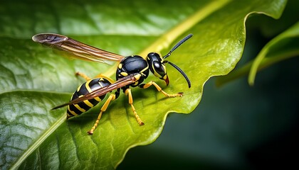 close up of wasp on green leaf
