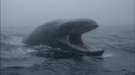 Fototapeta premium Deep-sea Creature Surfaces in Foggy Blue-Black Water, Revealing Sharp Teeth and a Menacing Gaze