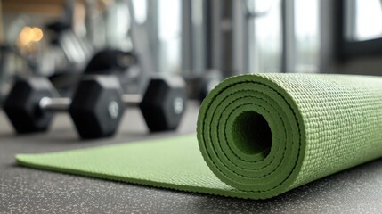 Green rolled yoga mat in gym with dumbbells ready for fitness workout session