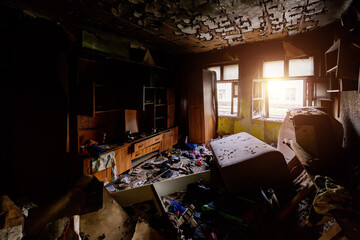 Aftermath of fire. Burnt room interior