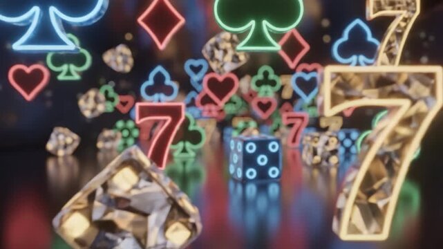 Casino symbols and dice with glowing neon lights create vibrant gambling entertainment filled with luck, chance, and dynamic game elements including club, heart, spade, diamond, and number seven